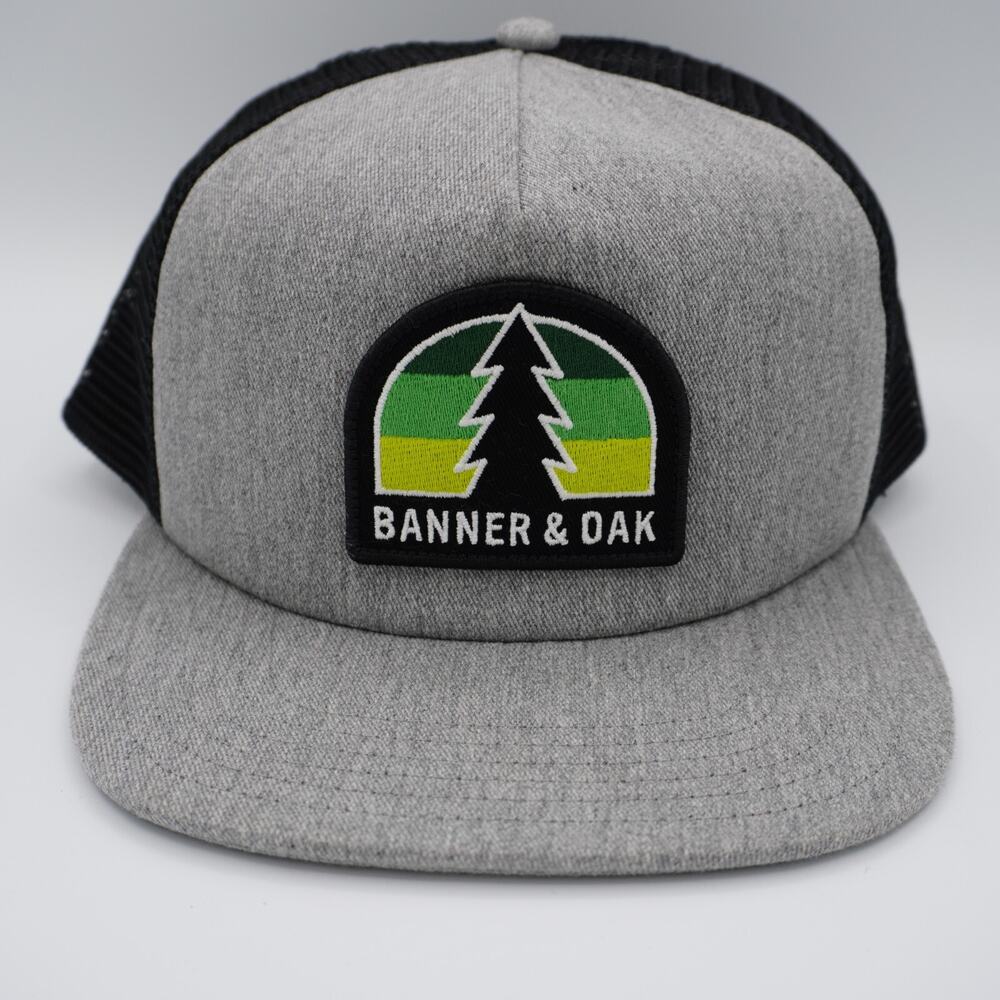 Banner & Oak Trucker Hat Gray Black Snapback Tree Logo Flat Bill Mesh Back Cap